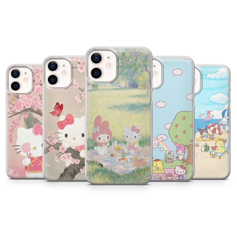 May include: Five phone cases with colourful designs featuring cartoon characters. The cases showcase images of Hello Kitty, My Melody, and other characters in various scenes, including a picnic and a beach.