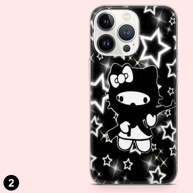 Op de afbeelding: Zwart-witte telefoonhoes met een cartoonkarakterontwerp, tegen een achtergrond van witte sterren op een zwarte achtergrond. De hoes heeft een glanzende afwerking.