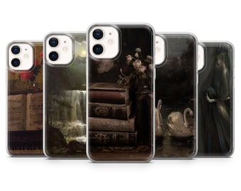 May include: Set of five phone cases featuring classic art prints. The cases showcase various vintage paintings, including a waterfall scene, a stack of books with flowers, and a swan on a lake. Each case has a clear border.