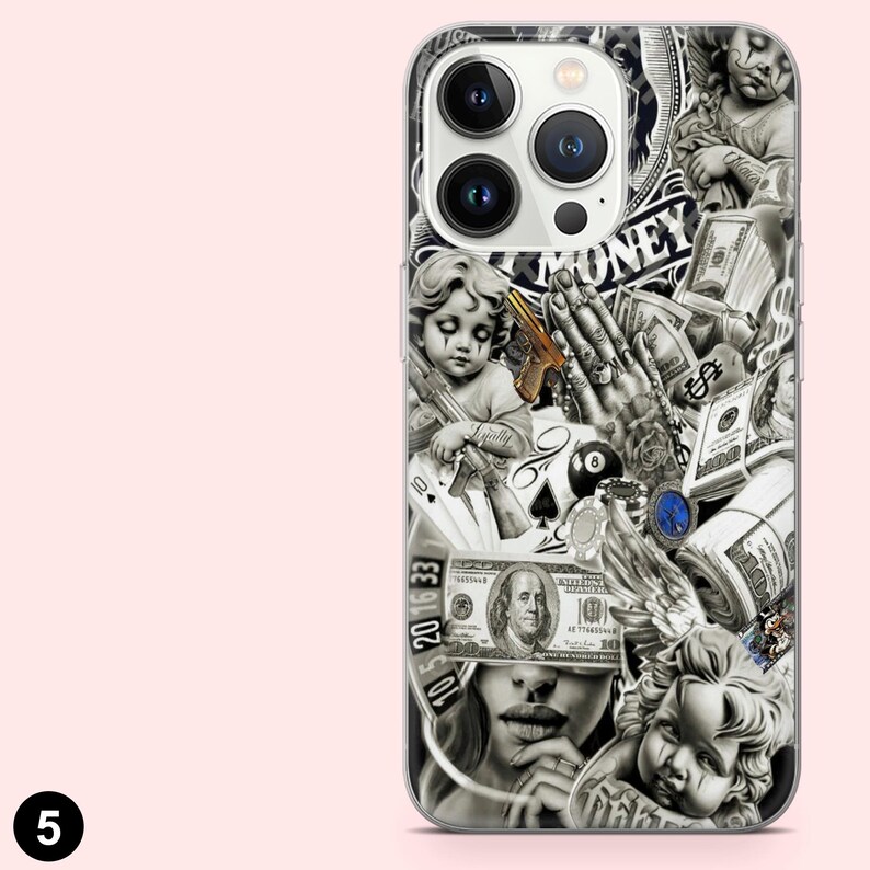 May include: A phone case with a black and white tattoo-style design. The design includes cherubs, stacks of money, playing cards, a gun, and the word "MONEY". The case has a clear border and a glossy finish.