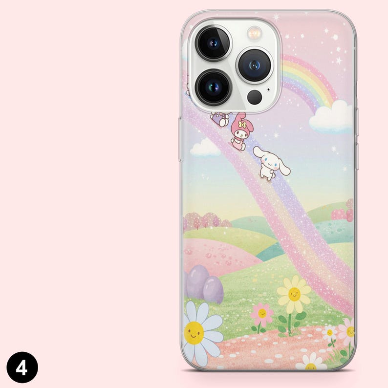 May include: Clear phone case with a colorful design featuring a rainbow, cartoon characters, and a landscape of rolling hills and flowers. The case has a pink and pastel color scheme.