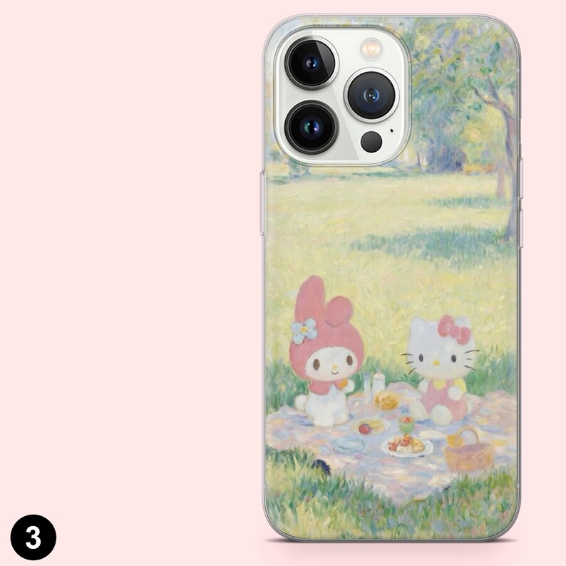 May include: Transparent phone case with a vibrant illustration of a picnic scene with two cartoon characters. The case has a light pink background and a landscape painting of a park. The case is designed for a smartphone.