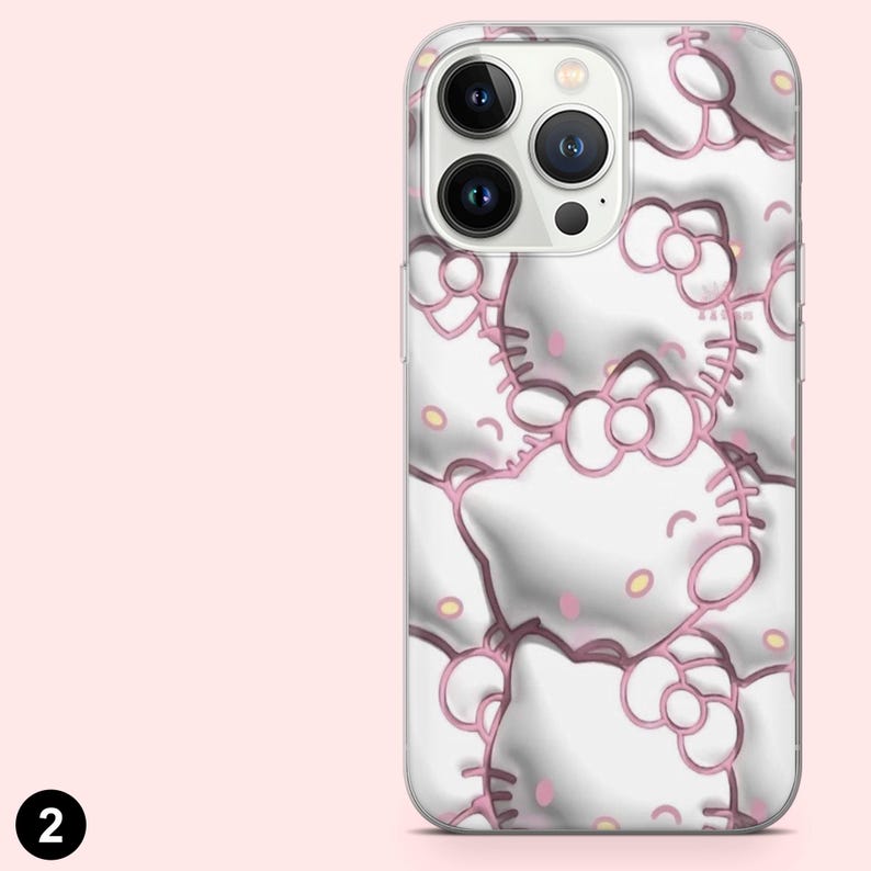 May include: A clear phone case with a repeating pattern of white cartoon cat faces with pink outlines and accents. The case has a glossy finish and is designed for a smartphone with multiple camera lenses.