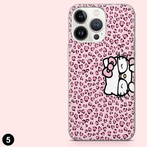 May include: A pink phone case with a leopard print pattern of pink hearts. The case features a white cartoon character with a pink bow and glasses. The phone case has a camera and flash.
