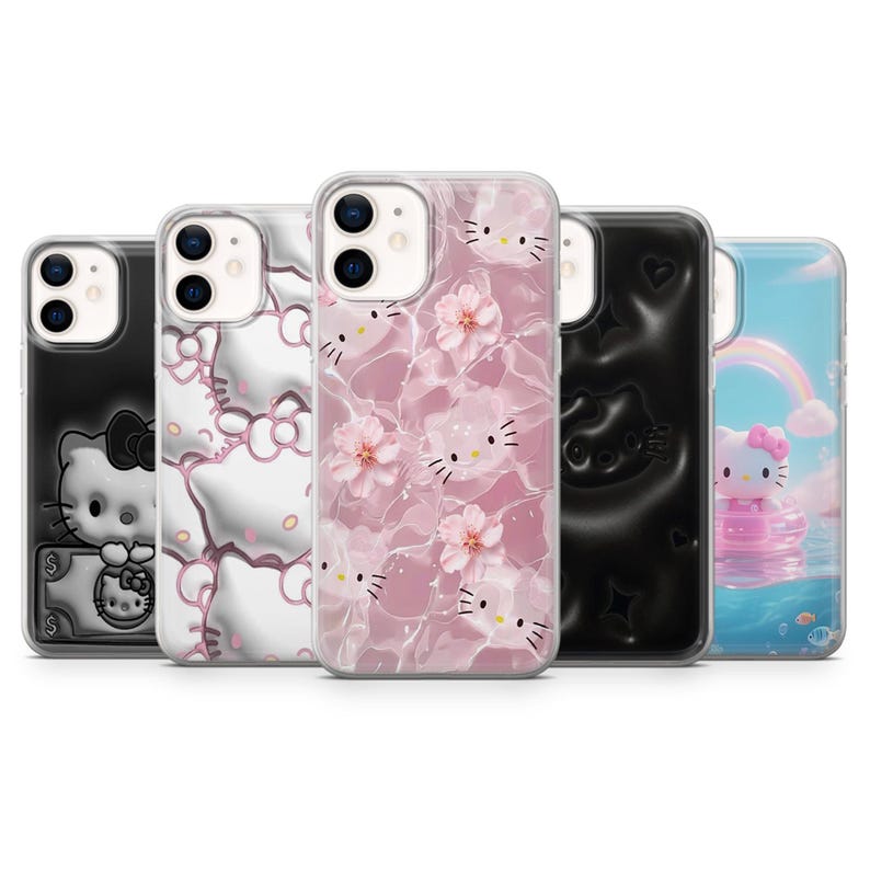 May include: Five phone cases with Hello Kitty designs. The cases display different styles, including a black embossed design, a white and silver pattern, a pink floral design, and a blue sky with a rainbow.