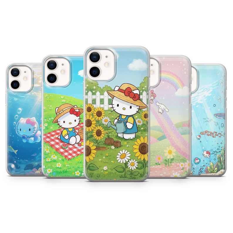 May include: A collection of five phone cases featuring colorful illustrations of Hello Kitty in various scenes. Designs include underwater, picnic, garden, rainbow, and ocean themes. Each case has a clear, glossy finish.