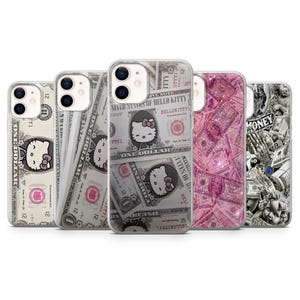 May include: A collection of five phone cases with unique designs. The cases feature dollar bill and Hello Kitty graphics, with one case showcasing a pink glitter design. The text "ONE DOLLAR" and "HELLO KITTY" are visible.