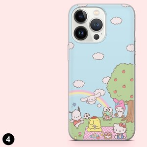 May include: A light blue phone case with a cartoon picnic scene, including characters, a rainbow, and a tree with red apples. White clouds are in the sky. The case has a clear border and a camera cutout.