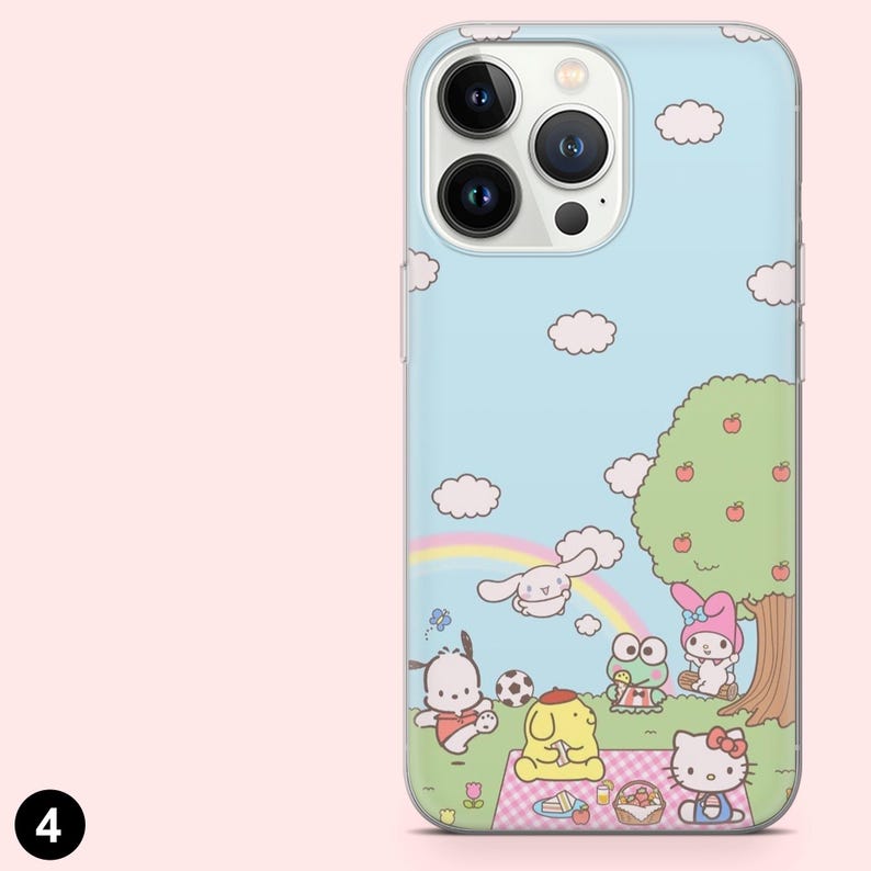 May include: A light blue phone case with a cartoon picnic scene, including characters, a rainbow, and a tree with red apples. White clouds are in the sky. The case has a clear border and a camera cutout.