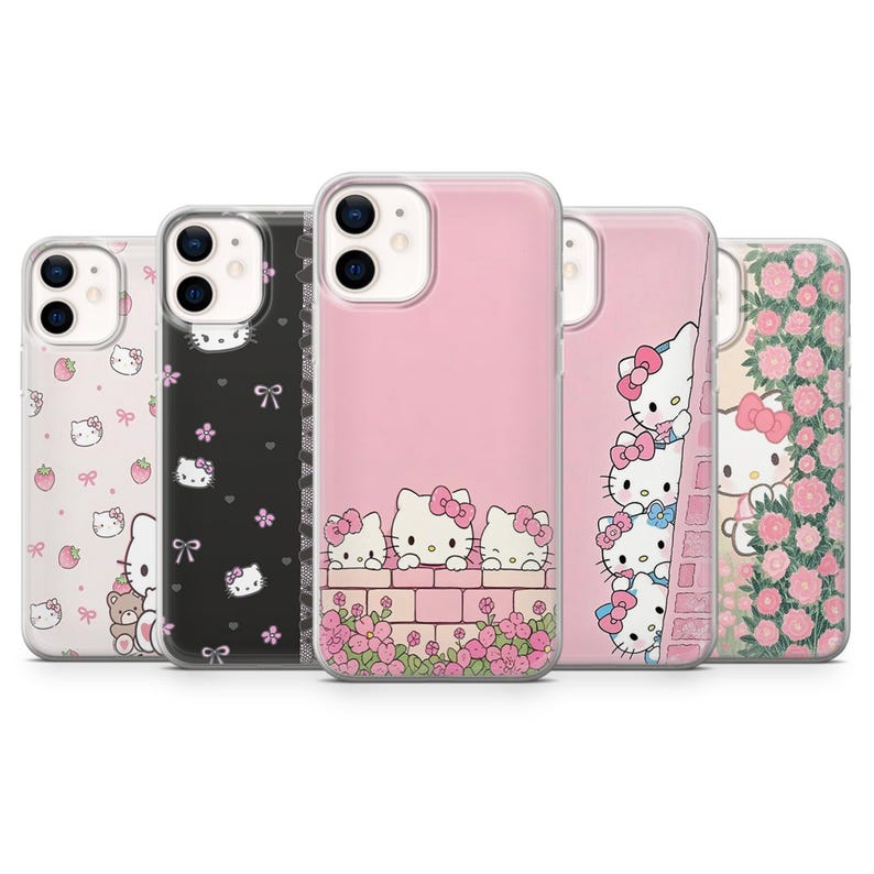 May include: A collection of five phone cases featuring Hello Kitty designs. The cases showcase various patterns, including pink strawberries, black bows, and floral arrangements. The cases are designed for a smartphone.