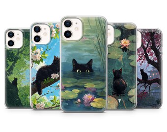 Black Cat Phone Case Pastel Nature Cover for iPhone 17, 17Air, 16Pro, 15, 14, 13, 12, Samsung S25, S24, S23, A16, A56, Pixel 10Pro, 9A