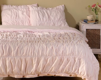 Blush Pink Wrinkled Duvet Cover – Soft Crinkle Cotton Bedding, Boho Textured Bed Cover | Minimal Feminine Style | Blush Boho Duvet Cover