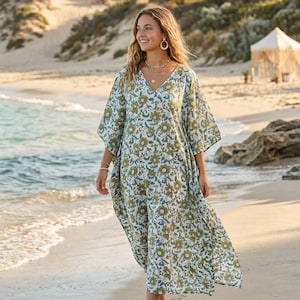 Vestido caftán estampado a mano, caftán floral azul de algodón, ropa de estar por casa de corte holgado, vestido de playa bohemio, vestido largo de verano