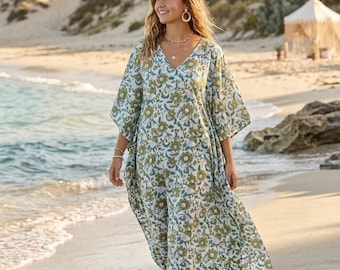 Robe caftan à imprimé bloc, caftan à fleurs en coton bleu, tenues de détente ample, robe de plage bohème, robe longue d'été