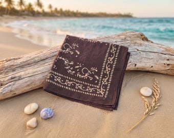 Brown Floral Bandana Cotton Head Scarf | Hand Block Print Bandana | Boho Neck Scarf | Beach Hair Wrap | Unisex Bandana Gift