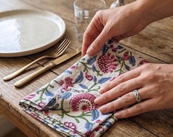 Floral Cotton Napkins Set | Indian Hand Block Print Napkins | Soft Table Linen | Sustainable Kitchen Decor