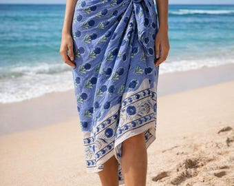 Blue Floral Block Print Cotton Sarong, Hand Block Printed Pareo, Beach Wrap, Lightweight Summer Scarf, Indian Handmade Fabric