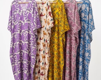 Handblockdruck-Baumwollkaftan-Kleid, Boho-Strandvertuschung, Kimono-Robe mit Blumenmuster, loser Lounge-Kaftan, Damen-Resort-Abnutzungsgeschenk