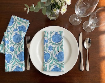 Pomegranate print napkins Block Print Blue Printed Napkin Cotton Napkins Hand Block Wedding Napkin  Reusable Napkins Table Cloth
