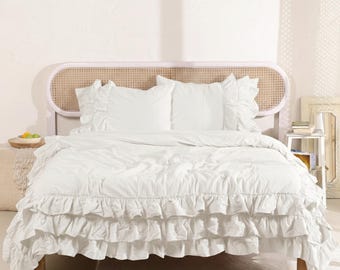 White Ruffled Cotton Duvet Cover Set, Bohemian Bedding