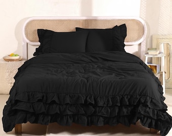 Black Ruffle Duvet Cover – Boho Farmhouse Bedding, Soft Washed Cotton, Vintage Ruffled Bed Cover