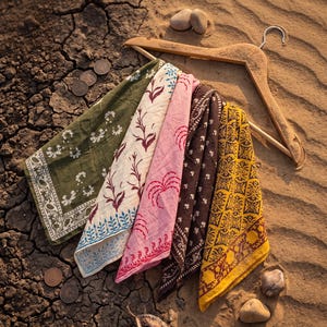 Set of 5 Hand Block Print Bandanas, Cotton Bandana Bundle, Head Scarf Set, Indian Block Print Kerchief, Hair Wrap, Cowboy Bandana, Gift Set