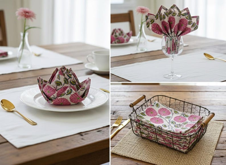 May include: Floral print napkins displayed in different ways on a wooden table. One is folded into a flower shape on a plate, another is in a wine glass, and others are stacked in a wire basket. A gold spoon and a flower in a vase are also visible.