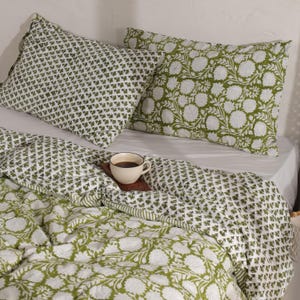 Sunshine Floral Moss Green Block Print Duvet Cover Set with Coconut Button Cotton Sateen Fabric, King, Queen, Twin, Full Cotton Bedding Set