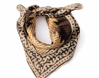 Hand Block Print Bandana Schal, Braun Beige Print Halstuch, Boho Kopftuch, weicher Cotton Hair Wrap, Geschenk für Frauen