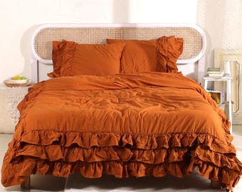 Cinnamon Linen Bedding Set, Beige Ruffle Duvet Cover for Girls, Lace Duvet Cover Set, Luxury Bedding Set, Bedding Aesthetics