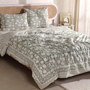 Green Floral Hand Block Print Cotton Duvet Cover: Reversible Quilt Cover
