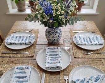 Handmade Fish Print Cloth Napkin, Blue Coastal Table Napkin, Cotton Dinner Napkin, Beach House Table Decor, Reusable Linen