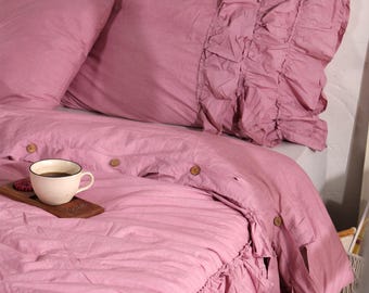 Juego de funda nórdica de algodón con triple volante / Ropa de cama lavada a la piedra con fundas de almohada / Estilo rústico, bohemio y shabby chic