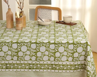 Moss Green Floral Tablecloth, Hand Block Printed Cotton Table Linen
