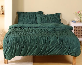 Linen Duvet Cover in Wrinkle Dark Green. Natural Linen Duvet Cover King, Queen, Twin, Full, Double sizes. Green Linen Bedding