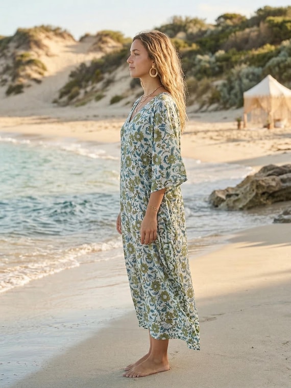maxi kaftan beach dress Hand Block Print Dress, Cotton Blue Floral Kaftan, Loose Fit Lounge Wear, Boho Dress, Summer The quality cotton voile IHC088 Diane von Furstenberg ARINA Neck Size:17 1/2