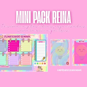 Puede incluir: Un fondo rosa con el texto "MINI PACK REINA" y "Tu semana y las ideas, organizadas como la reina que eres." La imagen incluye un planificador semanal, blocs de notas y un bloc de notas con encuadernación en espiral. El planificador tiene notas adhesivas coloridas.