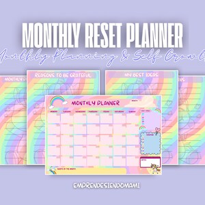 Monthly Reset Planner Bundle Printable PDF – Monthly Planner, Gratitude Journal, Brain Dump & Progress Tracker – Unicorn Self Growth Kit
