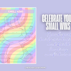 Puede incluir: Una página de planificador colorida con una ilustración de unicornio y las palabras "SMALL WINS". La página tiene líneas de colores arcoíris y el texto "CELEBRATE YOUR SMALL WINS. Track your daily victories and build lasting confidence."