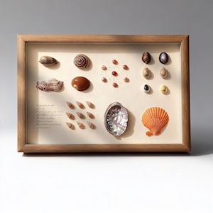 Può includere: Una cornice in legno che contiene una collezione di conchiglie di varie forme, dimensioni e colori, tra cui marrone, arancione e iridescenti. Del testo è visibile nell'angolo in basso a sinistra. L'esposizione è su uno sfondo color crema.