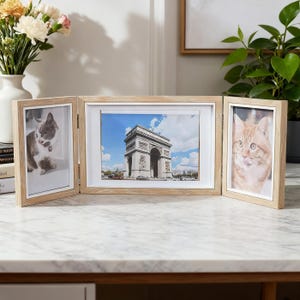 May include: A light wood-framed, three-panel photo display. The center panel features a photo of the Arc de Triomphe. The side panels display photos of cats. The display is on a white marble surface.