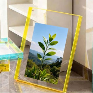 May include: A clear acrylic picture frame with bright yellow edges. The frame holds a photograph of a green plant with a mountain landscape background. The frame is displayed on a reflective surface.