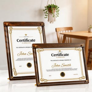 Puede incluir: Dos marcos de madera para certificados con detalles dorados. Cada marco contiene un certificado con el texto "Certificate of Appreciation" y el nombre "John Smith". Los marcos se muestran sobre una superficie blanca.