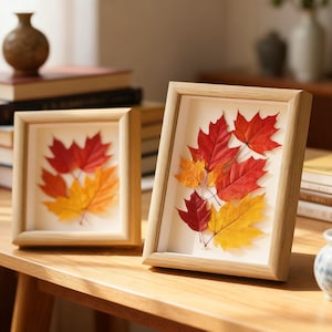 Könnte beinhalten: Zwei gerahmte, gepresste Ahornblätter in Rot-, Orange- und Gelbtönen. Die Blätter werden in einem hellen Holzrahmen mit weißem Hintergrund präsentiert. Die Rahmen stehen auf einer Holzoberfläche.