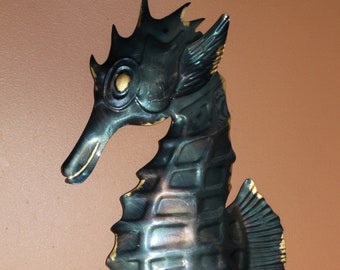 Deep Green Enameled Sea Horse, Sealife Wall Decor, Free Ship