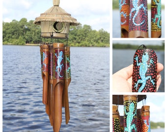 New Arrival !!! Geckos - Hand Painted Bamboo Wind Chime, Mothers Day Gift, Ships Free G-117