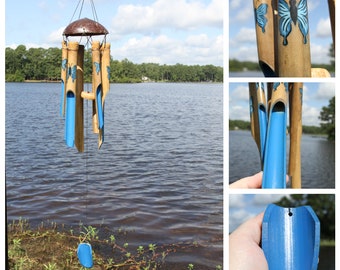 New Arrival !!! Bold Blue Butterfly Hand Painted Bamboo Wind Chime, Mothers Day Gift, Ships Free G-118