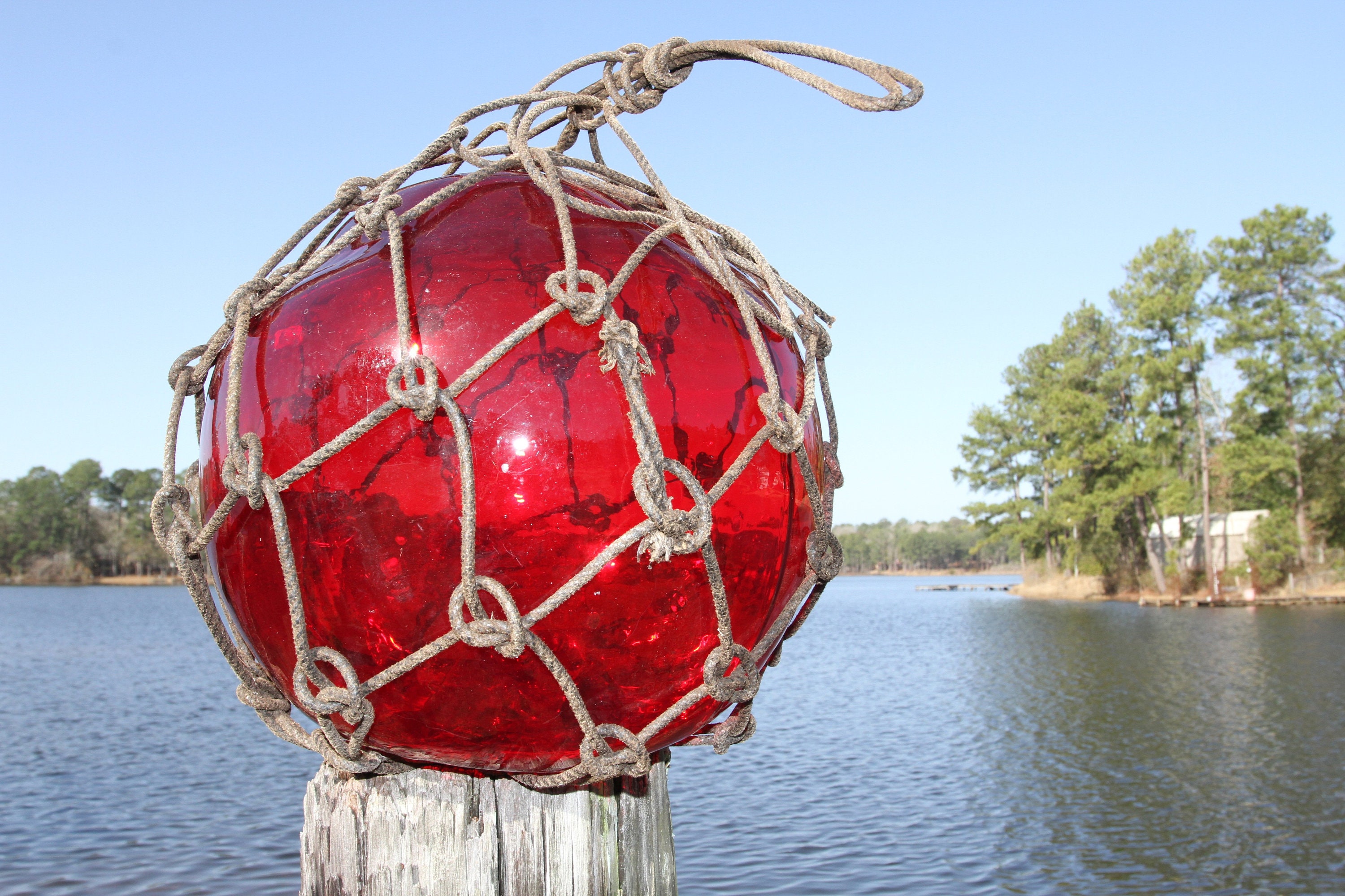 RED Netted Glass Fishing Float, Decorative Beach Decor Used