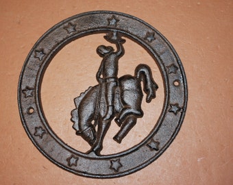 Cowboy And Bucking Bronco Circle Wall Plaque, Cast Iron, Free Shipping W-20