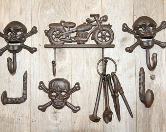 BIKER MANIA COLLECTION / Wall Hooks / Fathers Day Gift /  Wall Hanging / Railroad Spikes  / Biker Decor / Craft Supplies / Skulls / Tool Set